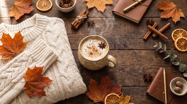 Cozy autumn flat lay featuring a warm cream cable knit sweater with steaming coffee and dried seasonal spices arranged on a rustic dark wood tabletop
