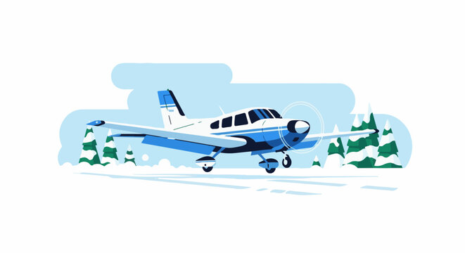 A small twin-engine plane with blue accents parked on snowy ground