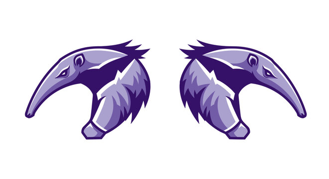 Two purple anteater heads facing opposite directions.
