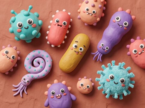Colorful bacteria and viruses are arranged on a flat surface
