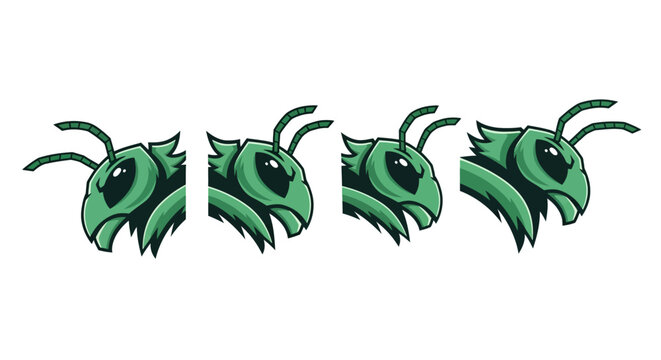 Four Green Cartoon Insect Heads with Antennae.