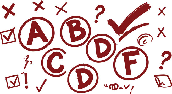 An educational vector graphic featuring handwritten dark red school letter grades from A to F alongside matching teacher correction marks.