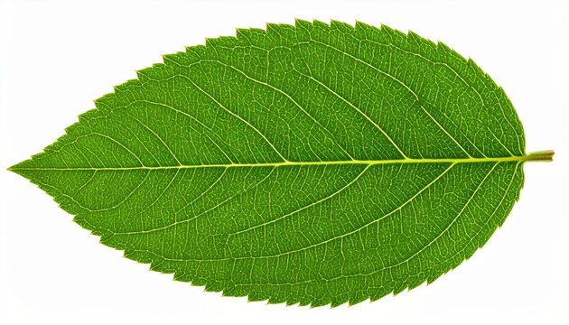 Fresh leaf macro studio: A pristine macro photograph of a single fresh green leaf, showcasing intricate cell structures, isolated on white.