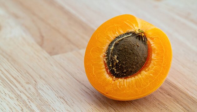 A single fresh apricot fruit cut in half to show the inner pit