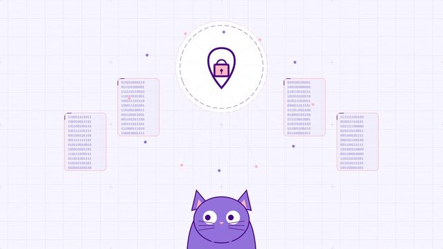 Digital Security and Data Protection Illustration with Purple Cat