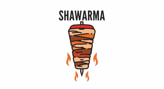 A stylized depiction of a rotating shawarma spit with flames underneath