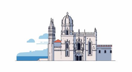 Obraz premium A stylized drawing of a grand, white building with spires and a dome on the coast