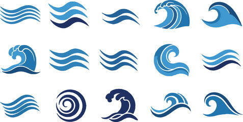 Naklejka premium A collection of various blue sea wave icons, curling surf crests, ripples, and spiral water vortex symbols on a white background.