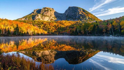 Fototapeta premium Majestic mountains reflect in a serene lake during autumn.