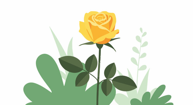 A stylized yellow rose blooms amidst abstract green foliage on a white background