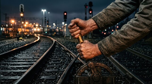 Close up view of individual operating a vintage iron railroad track switch mechanism on train line intersection