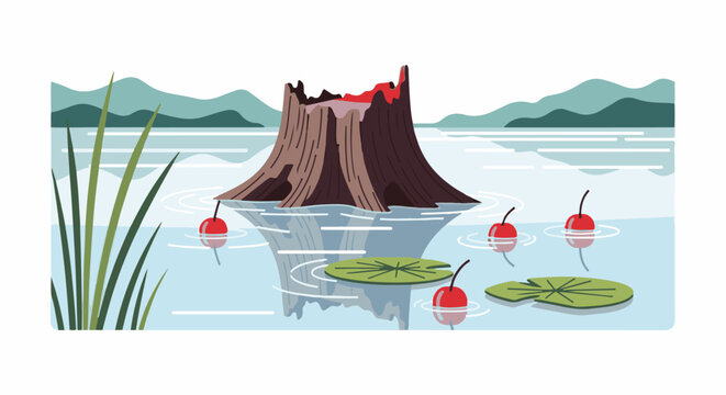 A stylized pixel art scene of a waterlogged tree stump with red bobbers and lily pads