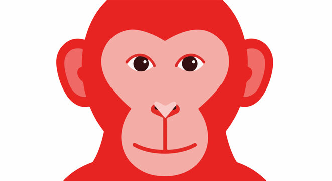 A stylized red monkey face with large ears and eyes against a white background