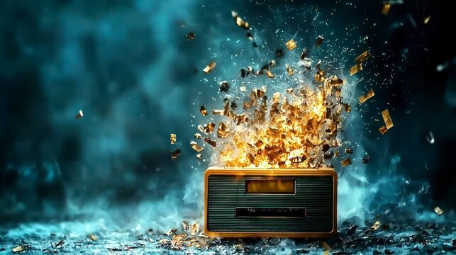 Dynamic Exploding Retro Radio with Golden Particles and Smoky Background
