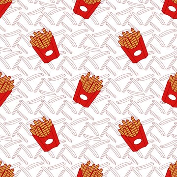 French fries box with scattered potato sticks seamless pattern