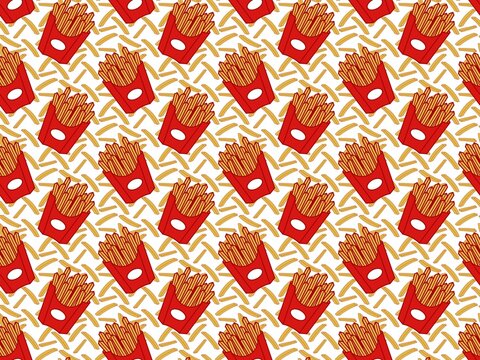 French fries box with scattered potato sticks colorful seamless pattern