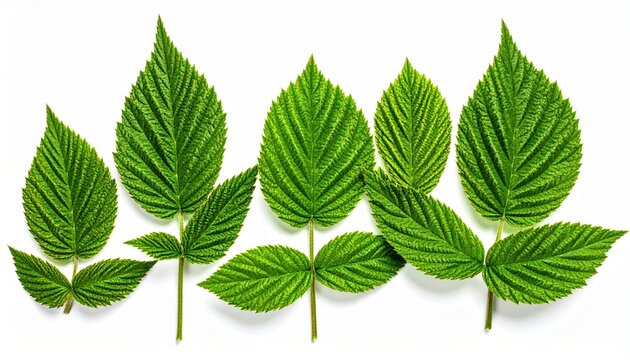 Raspberries leaves arrangement: A balanced layout of several green raspberry leaves, isolated on a white background.