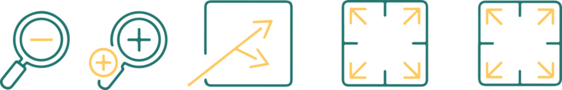 A collection of minimal teal and orange line icons representing zoom functions, screen scaling, and interface expansion controls.