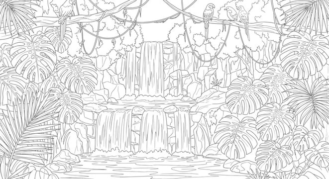 Jungle waterfall scene with parrots and lush foliage vector illustration