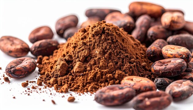 A detailed macro photograph focusing purely on raw organic cocoa beans clustered neatly around a raw cocoa powder pile, isolated on a white background.