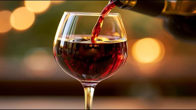 Red wine flows gracefully into a crystal glass