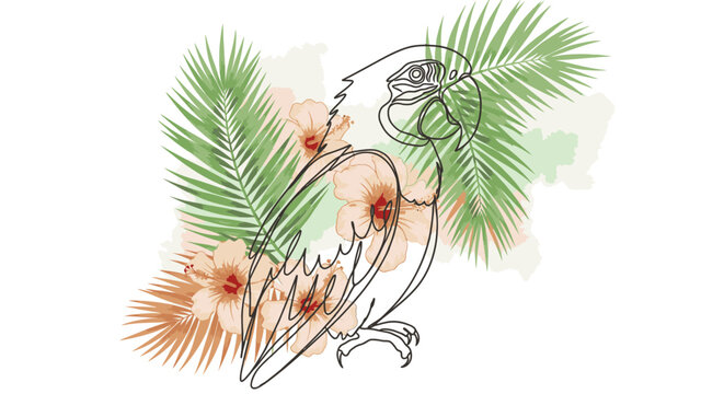 Line art parrot illustration with tropical flowers and leaves on white background