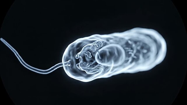 Microscopic view of a glowing bacterium with flagellum on a black background