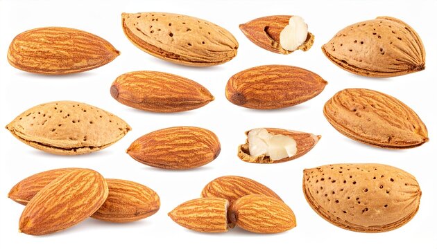 Collection almond nut isolated: A natural studio layout of a collection of premium whole almond nuts in and out of shell, isolated on white.
