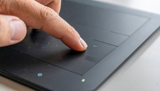 A close-up of a hand navigating with a wireless trackpad device surface area box