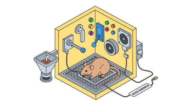 Skinner Box Experiment. Isometric illustration of a laboratory rat in an operant conditioning chamber. Ideal for psychology education and behavioral science research.