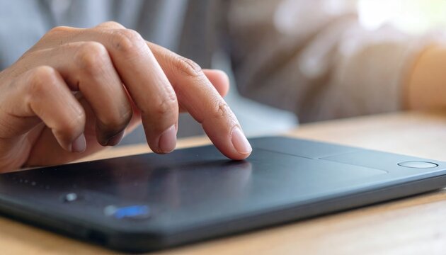 A close-up of a hand navigating with a wireless trackpad device
