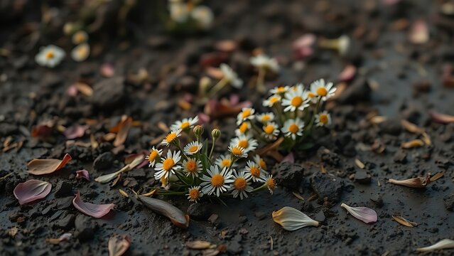 Trampled wildflowers in mud with scattered petals, close-up view.