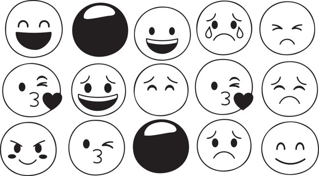 A large collection of diverse emoji faces, both in color and outline, representing a wide range of emotions 