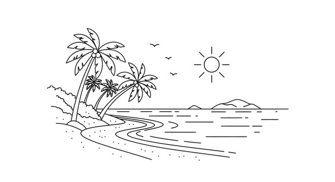 Minimalist beach scene with palm trees sea and sun line art illustration