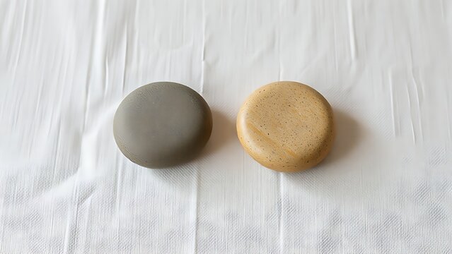 Two smooth round river stones placed on soft textured linen.
