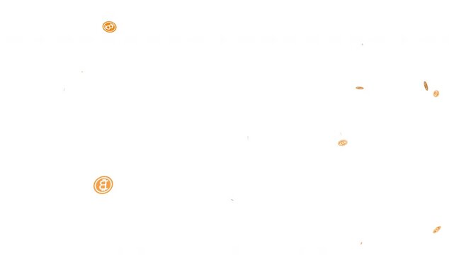 Glowing gold bitcoin coins symbol particle burst animation, white background, symbolizing digital currency, cryptocurrency, finance, investment, and new era of digital financial innovation, 4k