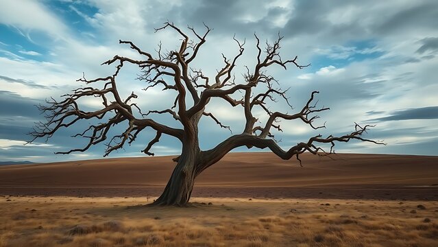 Old twisted tree standing alone on vast plain under dramatic sky.