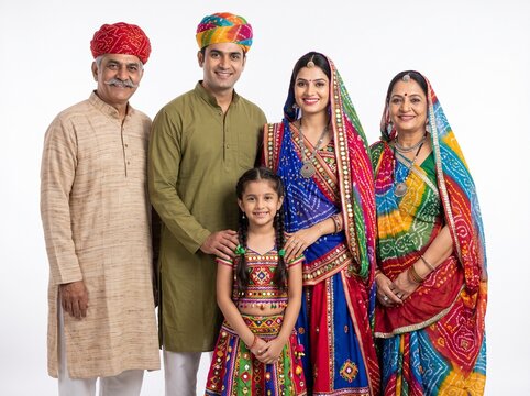 Happy Rajasthani Family in Traditional Attire on White Background