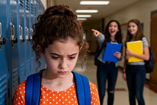 Sad schoolgirl being teased in school hallway