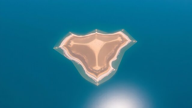 Aerial view of a sharp triangular peninsula jutting into a calm, reflective lake, geometric landscape.