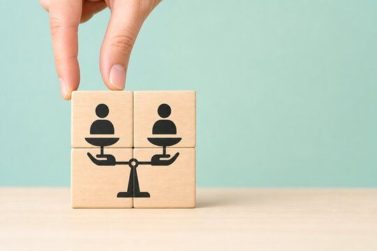 Hand placing wooden blocks with human scale icon representing equality and diversity
