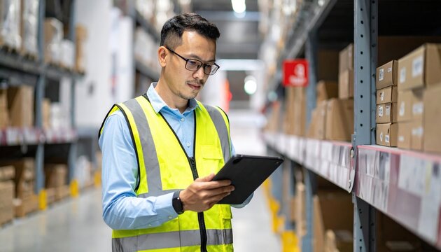 A smart logistics manager scanning boxes with a digital device