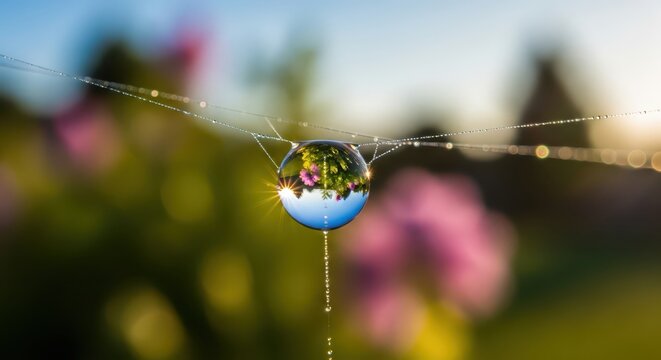 Perfectly Symmetrical Dewdrop Reflecting Flowers on a Spiderweb