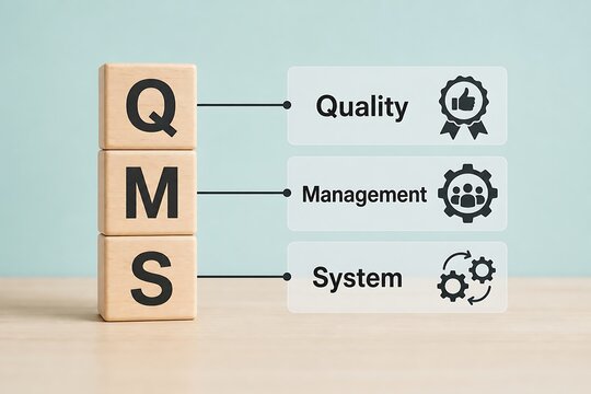 Quality management system qms concept with wooden blocks and icons on a desk surface