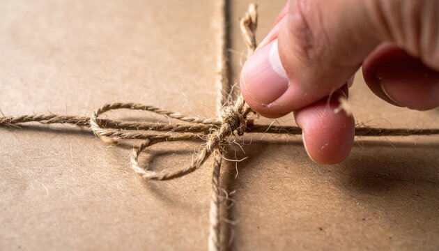 A close-up of a hand tying a neat knot on a brown parcel string