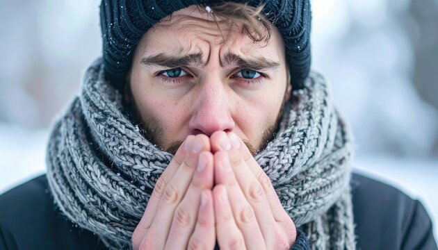 A man shivering from the winter cold, wearing a thick woolen scarf and blowing into his cupped hands to stay warm.