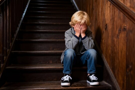 Sad Young Boy Sitting on Staircase Covering Face