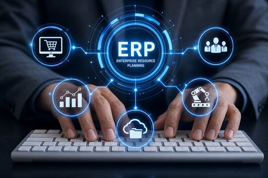Businessman using computer with erp enterprise resource planning software interface