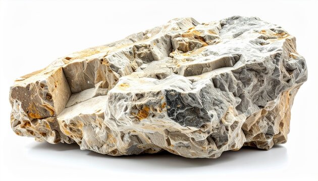 Limestone and shale stone: A flat, textured natural limestone and shale rock piece, sharp details, isolated on a pure white background.