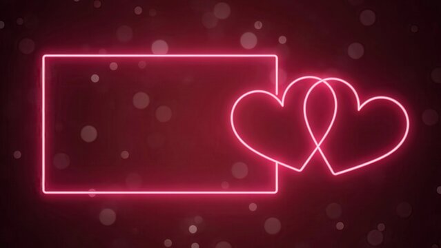 Neon glowing frame with two hearts on dark background